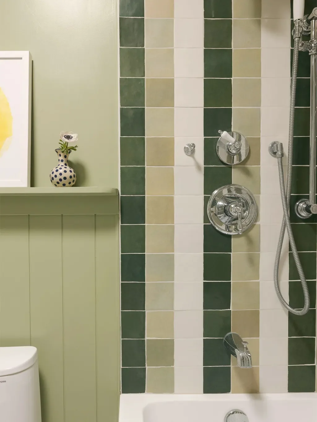 Before & After: Evicting a Cabinet Unlocked This L.A. Bathroom’s Wild Striped Shower Moment